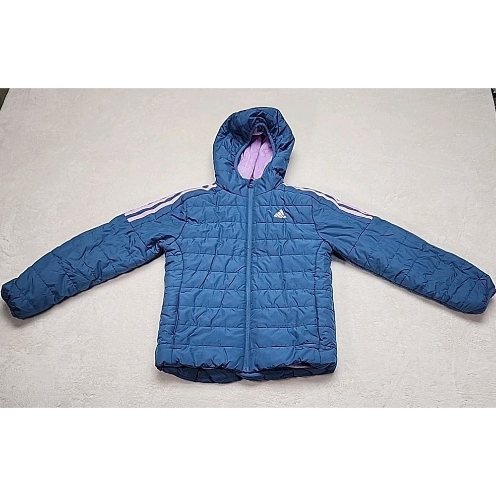 Adidas 3-Pink Stripe Water resistant Puffer Dark Gray Medium‎ 10-12 NWOT